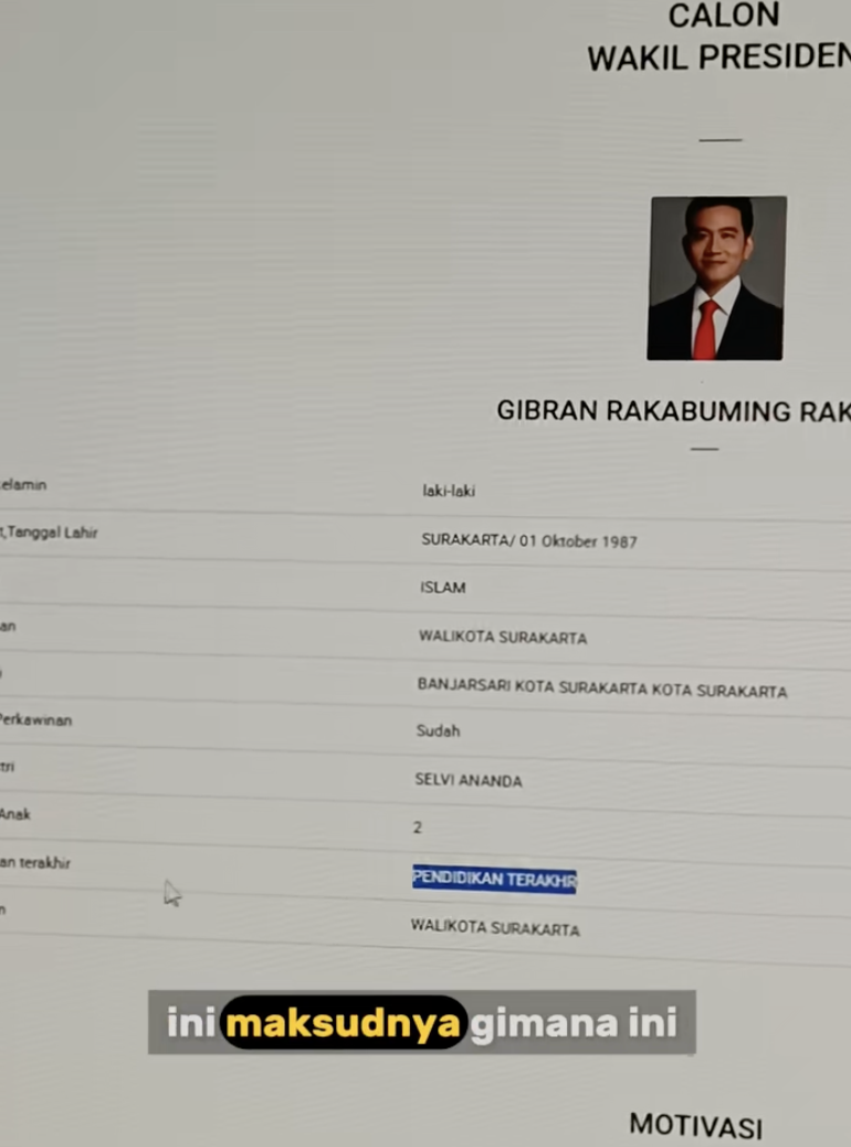 Website KPU yang menampilkan profil cawapres Gibran